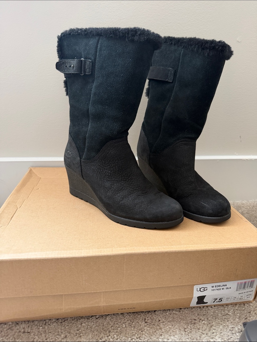 UGG Black Wedge Shearling-Trim Mid-Calf Boots